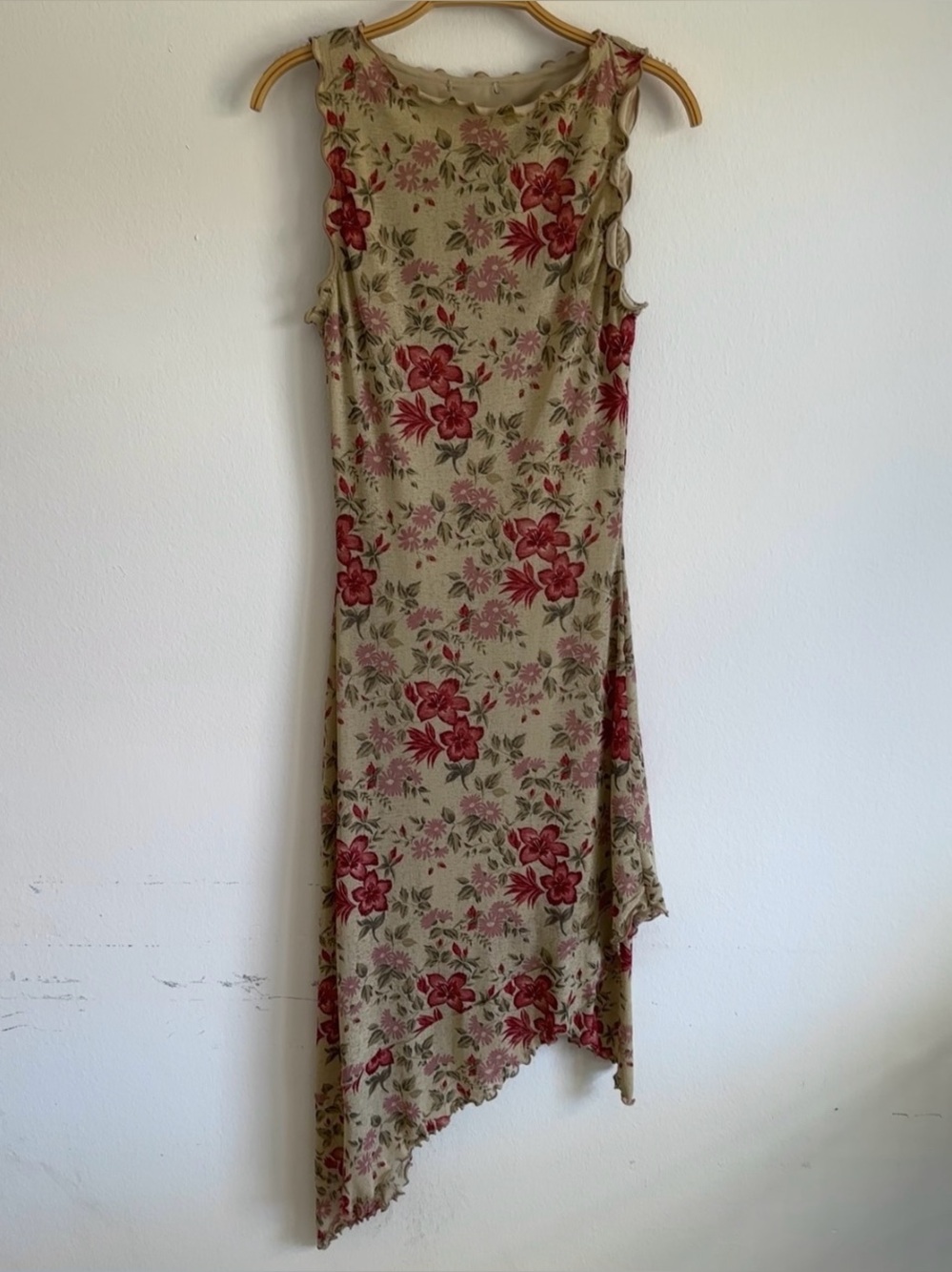Vintage Y2K Fairy Dress Floral Midi Asymmetrical Whimsigoth Tan Red Summer Green